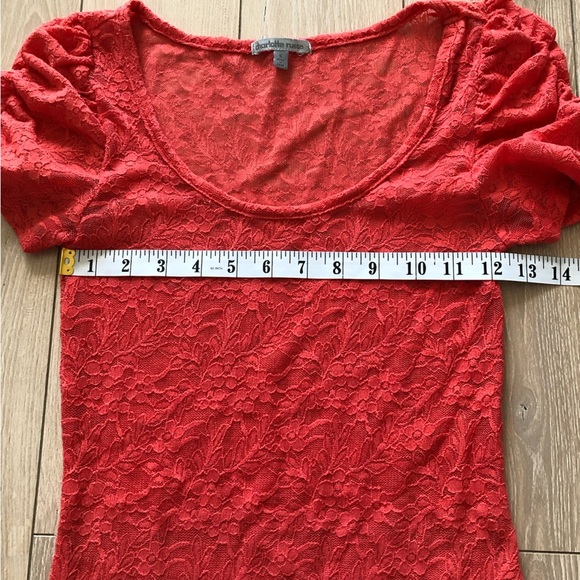 Charlotte Russe Ruched Sleeve Lace Top in Bright Orange Size S - Picture 2 of 9